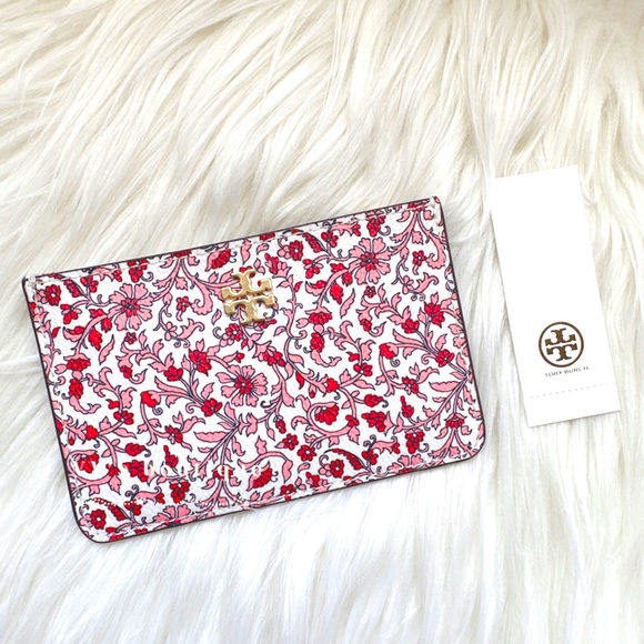 NWT Tory Burch Carter Slim Card Case Floral Printed Keepsake Pink Red 67323 RARE - Picture 1 of 3